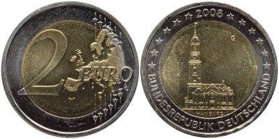 ФРГ 2 евро 2008 G, серия федеральные земли, церковь Св. Михаила в Гамбурге KM 261 биметалл UNC 115-1214