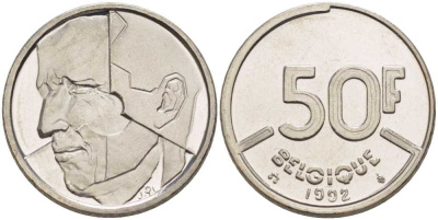 БЕЛЬГИЯ 50 ФРАНКОВ 1992 BELGIQUE, БОДУЭН I (1951-1993) KM 168 никель 210-951