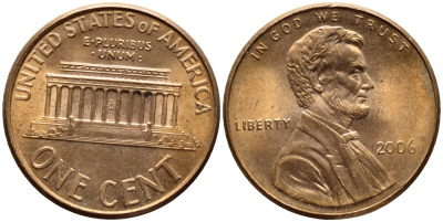 США 1 ЦЕНТ 2006 ЛИНКОЛЬН KM 201b цинк плакированный медью 4396-512
