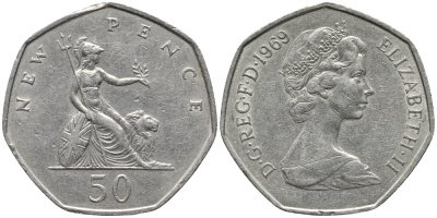 Великобритания 50 пенсов 1969 Елизавета II (1952-2022) KM 913, Spink 4223 (H1) медно-никель 32-721