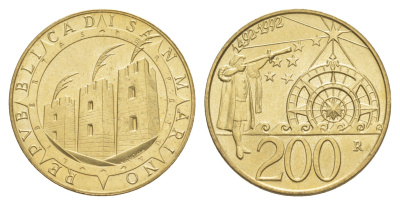 Сан-Марино 200 лир 1992 500 лет открытию Америки KM 285 алюминиевая бронза UNC 4648-315