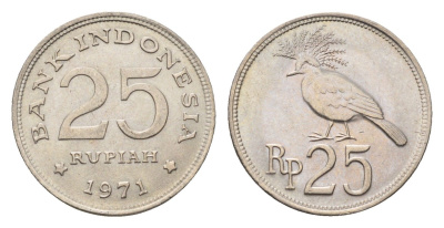 Индонезия 25 рупий 1971 венценосный голубь KM 34 медно-никель UNC 4701-1266