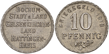 Германия, Бохум 10 пфеннигов 1918 Funck 49.1A b) железо 4606-211
