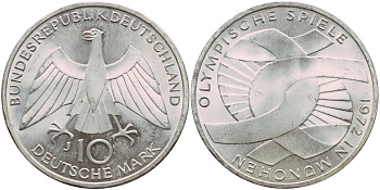ФРГ 10 марок 1972 J, XX летние Олимпийские игры 1972 года в Мюнхене, символика KM 131, J.402 серебро aUNC 1522-412