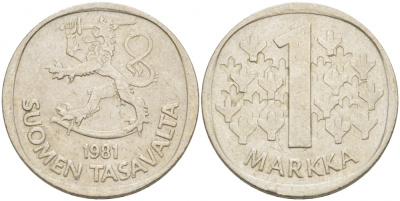 ФИНЛЯНДИЯ 1 МАРКА 1981 K KM 49а медно-никель 3718-933