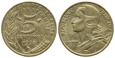 Франция 5 сантимов 1998 тип Марианна KM 933 медь алюминий никель 4679-967