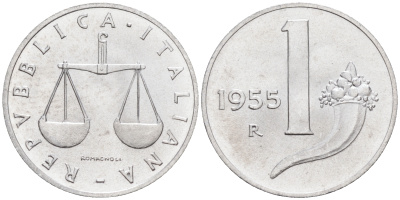 Италия 1 лира 1955 R, весы KM 91 алюминий  UNC  4594-718