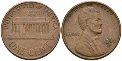 США 1 цент 1960 D, Линкольн KM 201 медь цинк 4564-337