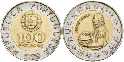 Португалия 100 эскудо 1989 Педру Нуниш (1502-1578), математик KM 645.1 биметалл  UNC  4161-855