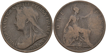 Великобритания 1 пенни 1901 Виктория (1837-1901) KM 790, Spink 3961 бронза 180-1046