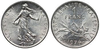 Франция 1 франк 1974 сеятель KM 925.1, Le Franc 226.19 никель 4128-427