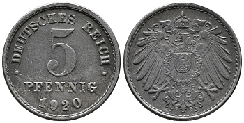 ГЕРМАНИЯ 5 ПФЕННИГОВ 1920 J KM 19, J. 297 железо 39-264