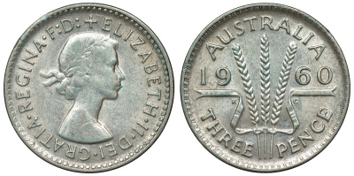 Австралия 3 пенса 1960 m, Елизавета II (1952-2022) KM 57 серебро 71-642