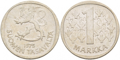 ФИНЛЯНДИЯ 1 МАРКА 1975 S KM 49а медно-никель 3718-1026