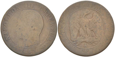 ФРАНЦИЯ 5 САНТИМОВ 1857 A, НАПОЛЕОН III (1852-1870) KM 777.1, LE FRANC 116.37 бронза 217-217