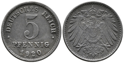 ГЕРМАНИЯ 5 ПФЕННИГОВ 1920 J KM 19, J. 297 железо 39-264