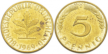 ФРГ 5 ПФЕННИГОВ 1969 J KM 107 J. 382 сталь плакированная латунью 3955-557