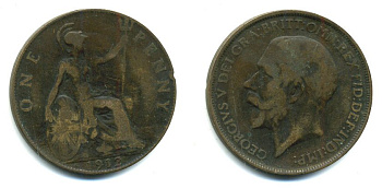 Великобритания 1 пенни 1912 Георг V (1910-1936) KM 810, Spink 4051 бронза 47-836