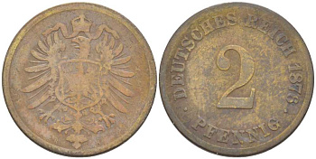 ГЕРМАНИЯ 2 ПФЕННИГА 1876 H, СТАРОГЕРБОВКА KM 2, J. 2, Weege 3 медь 212-656