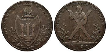 АНГЛИЯ 1/2 ПЕННИ 1790 ТОКЕН, ЭДИНБУРГ, NEMO ME IMPUNE LACESSIT. ДИАМЕТР 30 ММ., ВЕС 12,74 ГР. медь 1518-424