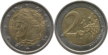 Италия 2 евро 2012 R, Данте KM 251 биметалл 4575-117