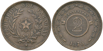 Парагвай 2 сентесимо 1870 SHAW KM 3 медь 221-932