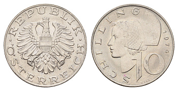 Австрия 10 шиллингов 1974 KM 2918 медно-никель UNC 4671-651