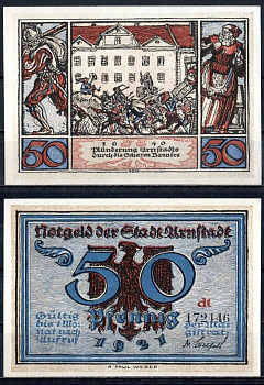 Арнштадт (Тюрингия) 50 пфеннигов 1921 Mehl Grabowski 43.3a-6/6 бумага UNC (пресс) 7556-18-3-2
