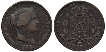 Испания 25 сетимо 1964 Изабелла II (1833-1868) KM 615.2 медь 1521-1633