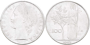 ИТАЛИЯ 100 ЛИР 1963 R, АФИНА, ДИАМЕТР 28 ММ. KM 96.1 нержавеющая сталь 4521-1046