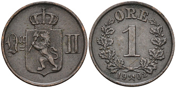 Норвегия 1 эре 1902 Оскар II (1874-1906), редкая KM 352 бронза 4585-1047