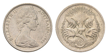 Австралия 5 центов 1969 Елизавета II (1952-2022), молодой портрерт, ехидна KM 64 медно-никель 4669-564