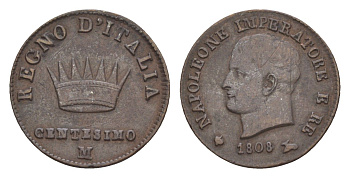 Италия 1 чентезимо 1808 M, Наполеон С 1.2 медь 603-641