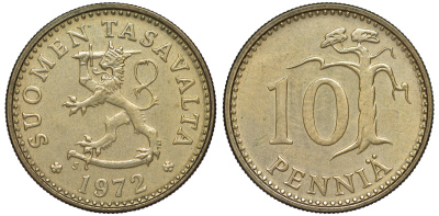ФИНЛЯНДИЯ 10 ПЕННИ 1972 S KM 46 алюминиевая бронза 3334-1128