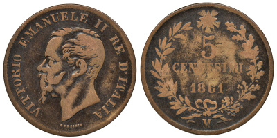 Италия 5 чентезимо 1861 M, Виктор Эмануил II KM 3.2 медь 4163-617