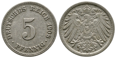 Германия 5 пфеннигов 1908 A KM 11, Jager 12, Weege 6 медно-никель 4364-3057