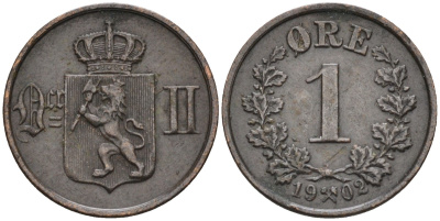 Норвегия 1 эре 1902 Оскар II (1874-1906), редкая KM 352 бронза 4585-1047