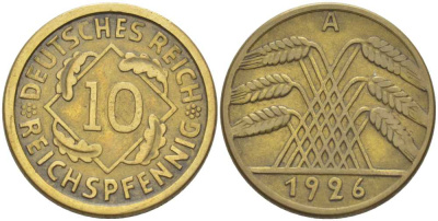 ГЕРМАНИЯ 10 РЕЙХСПФЕННИГОВ 1926 A KM 40, J. 317, Weege 9 алюминиевая бронза 210-354