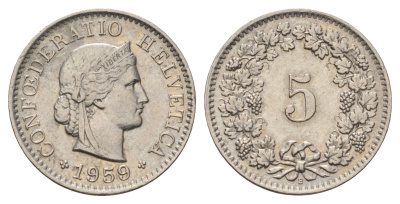 Швейцария 5 раппеноов 1959 B KM 26 медно-никель 4682-129