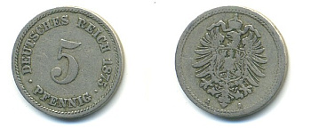 ГЕРМАНИЯ 5 ПФЕННИГОВ 1875 A, СТАРОГЕРБОВКА KM 3, J.3 медно-никель 4379-231
