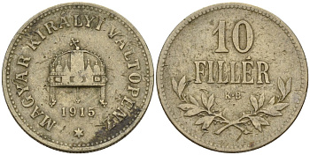 Венгрия 10 филлеров 1915 KB, Франц Иосиф I (1848-1916) KM 494 медь никель цинк 4151-1128