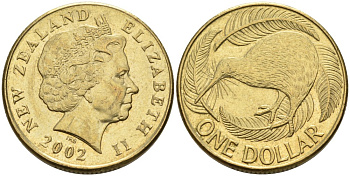 Новая Зеландия 1 доллар 2002 Елизавета II (1952-2022), птица киви  KM 120 алюминиевая бронза 34-656