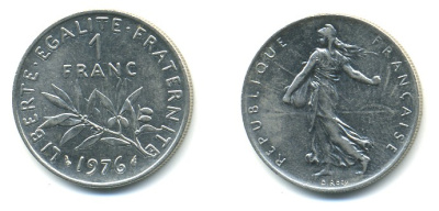 ФРАНЦИЯ 1 ФРАНК 1976 СЕЯТЕЛЬ KM 925.1 никель 57-255