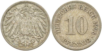 Германия 10 пфеннигов 1906 D KM 12, J. 13, Weege 8 медно-никель 259-911