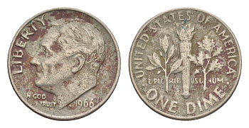 США 10 центов (дайм) 1966 Рузвельт KM 195a медь плакированная медно-никель 4630-1026