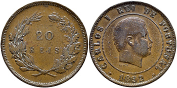 ПОРТУГАЛИЯ 20 РЕЙСОВ 1892 ЛУИШ (ДЮДОВИК) I (1861-1889) KM 533 бронза 4394-731