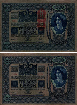 АВСТРИЯ 1000 КРОН 1919 КРАСНАЯ ВЕРТИКАЛЬНАЯ НАДПЕЧАТКА НА 1902 Pick 59 бумага XF 8607-3-1