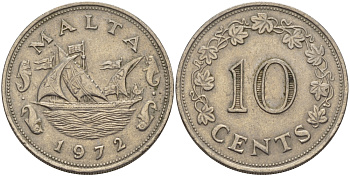 Мальта 10 центов 1972 баржа Великого магистра KM 11 медно-никель 82-533