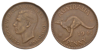 Австралия 1 пенни 1941 KG, Георг VI (1936-1952), кенгуру KM 36 бронза 4153-1127