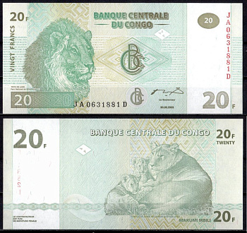 Конго 20 франков 2003 Pick 94 бумага UNC (пресс) 7214-10-2-2
